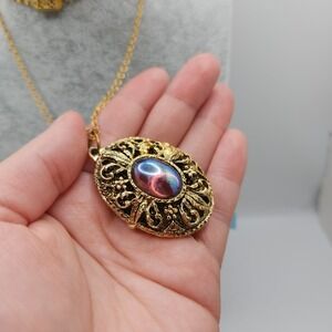 Vintage Ornate Oval Locket Necklace Iridescent Blue Pink Glass Cabochon Cottage